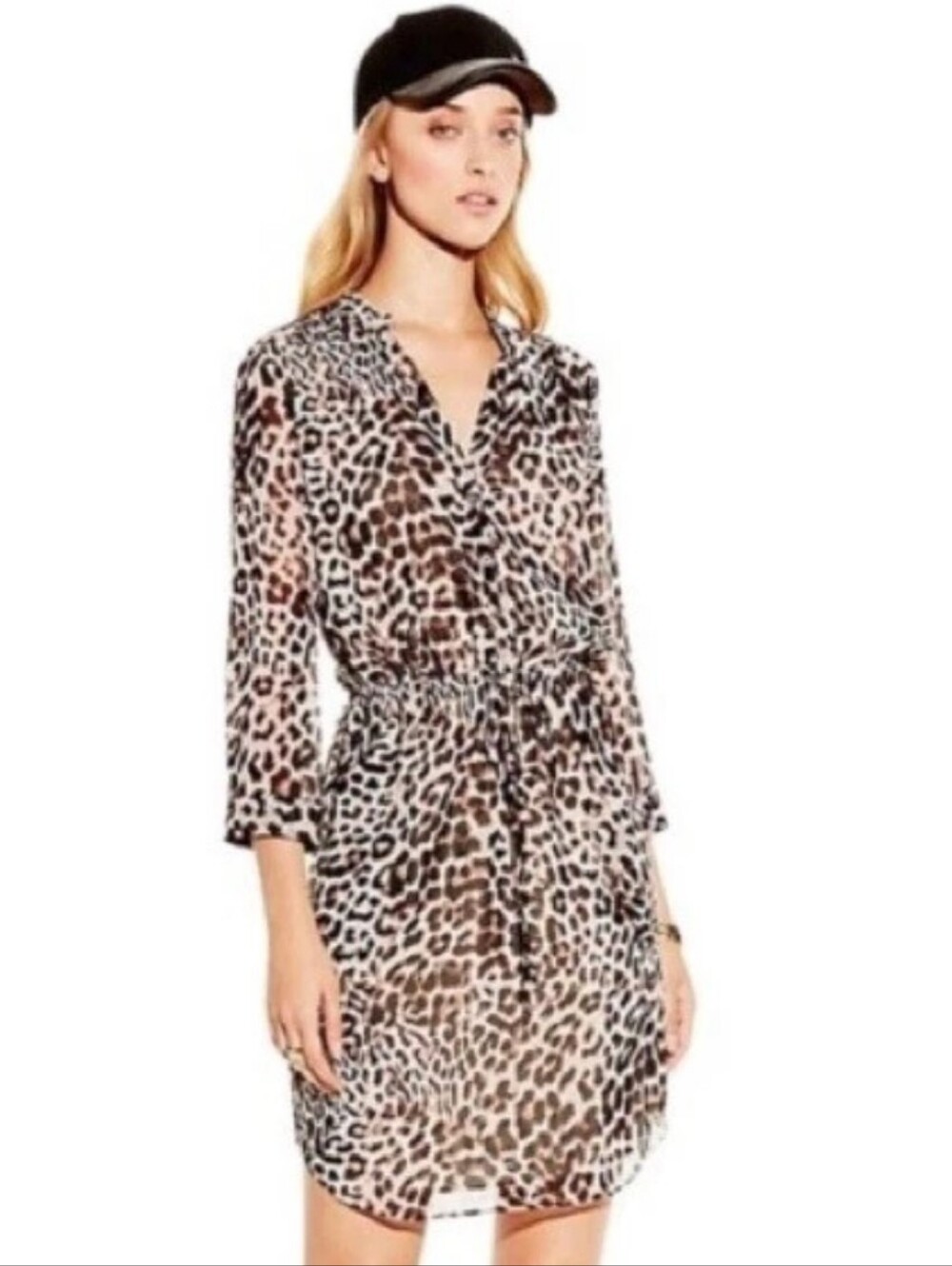 Vince Camuto Beige and Brown Leopard-Print Tie-Waist Shirt Dress Size 6